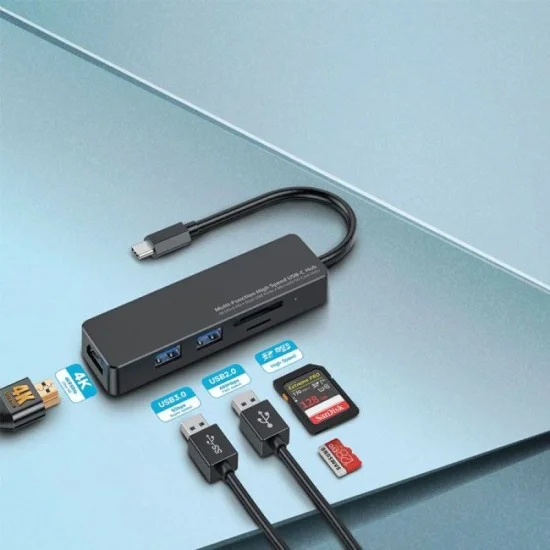 Porodo Blue 5 in1 USB-C Hub HDMI USB SD MicroSD - Black